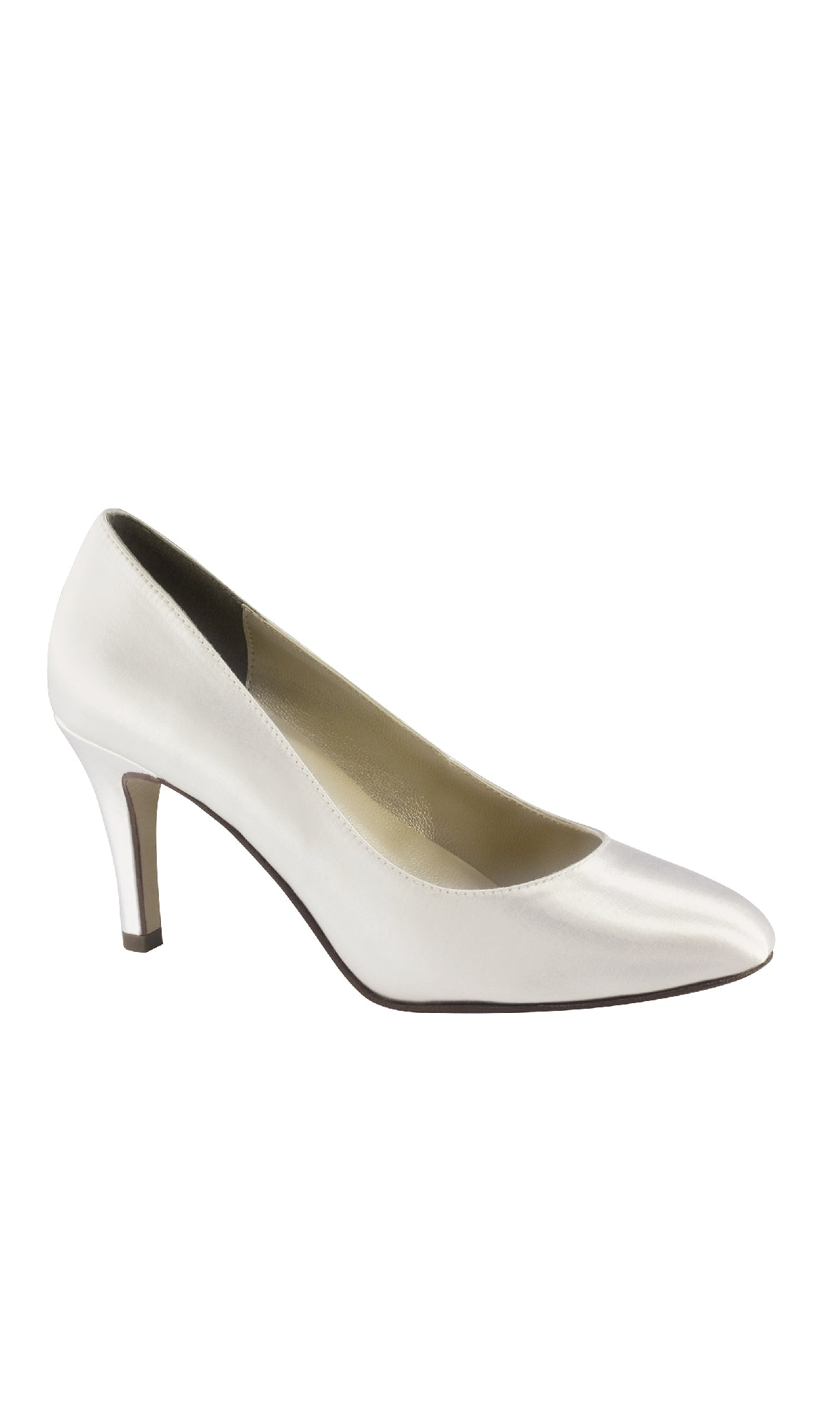 The Sandra Classic White Satin Prom Shoes (Touch Ups 503) feature a closed toe and mid-height heel, making these elegant dress shoes perfect for any special occasion, shown on a plain white background.